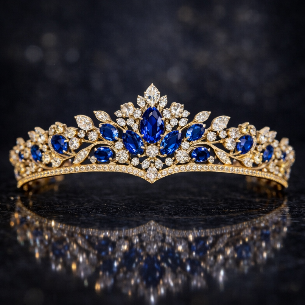 blue sapphire diamond yellow gold tiara