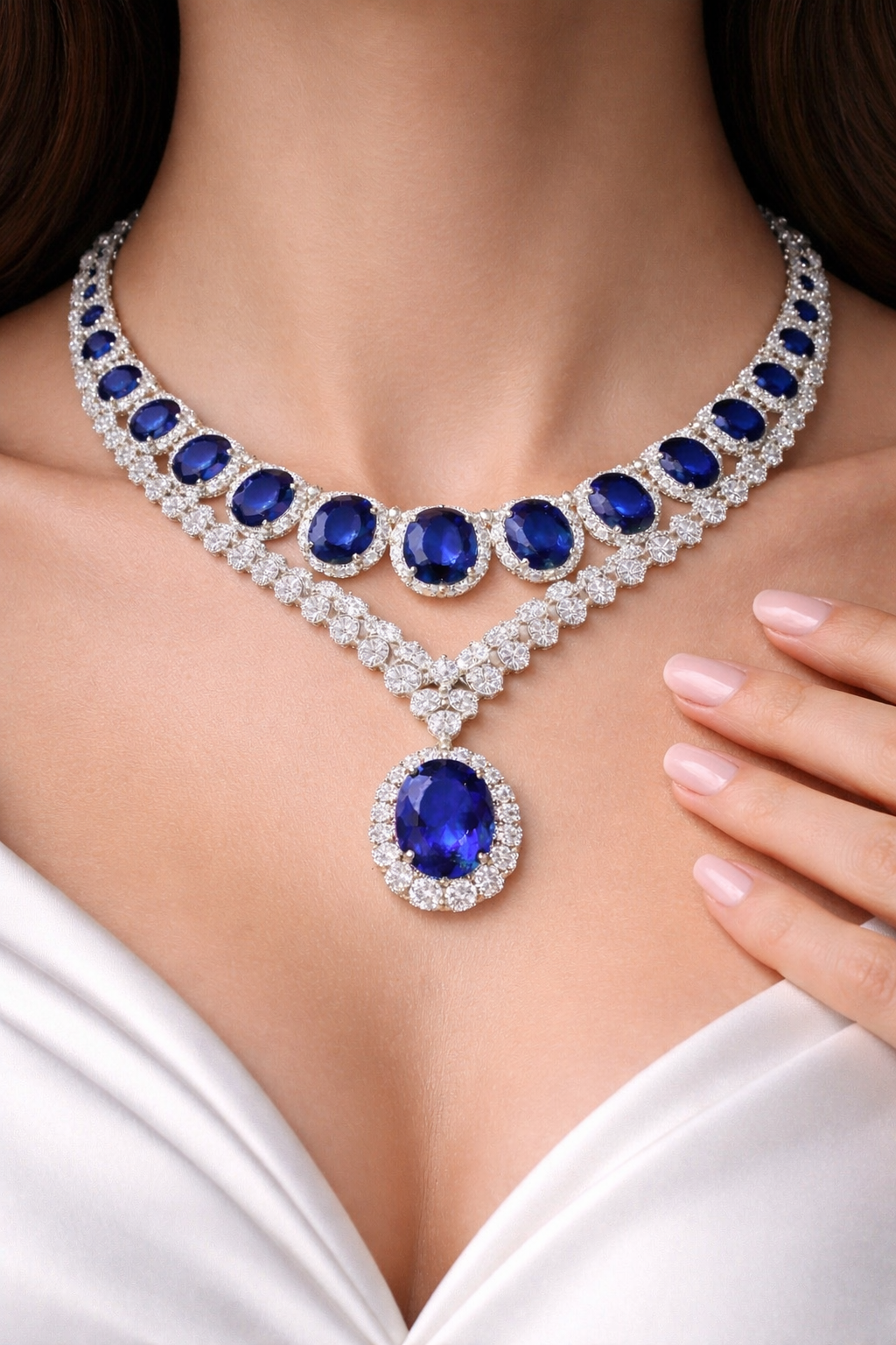 blue sapphire diamond white gold necklace model
