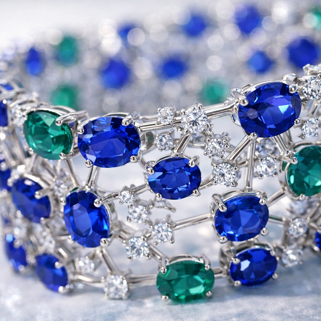 sapphire emerald diamond white gold bracelet macro