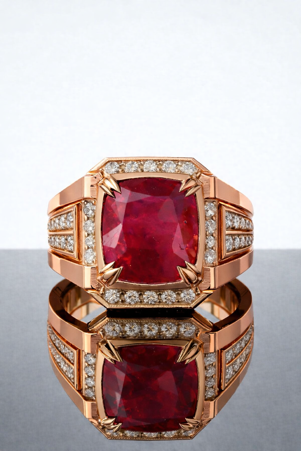 Sovereign Crown ruby ring featuring natural 5 carat red ruby surrounded by diamonds GIA 
