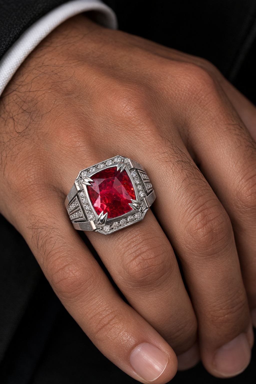 Sovereign Crown ruby ring featuring natural 5 carat red ruby surrounded by diamonds GIA for men
