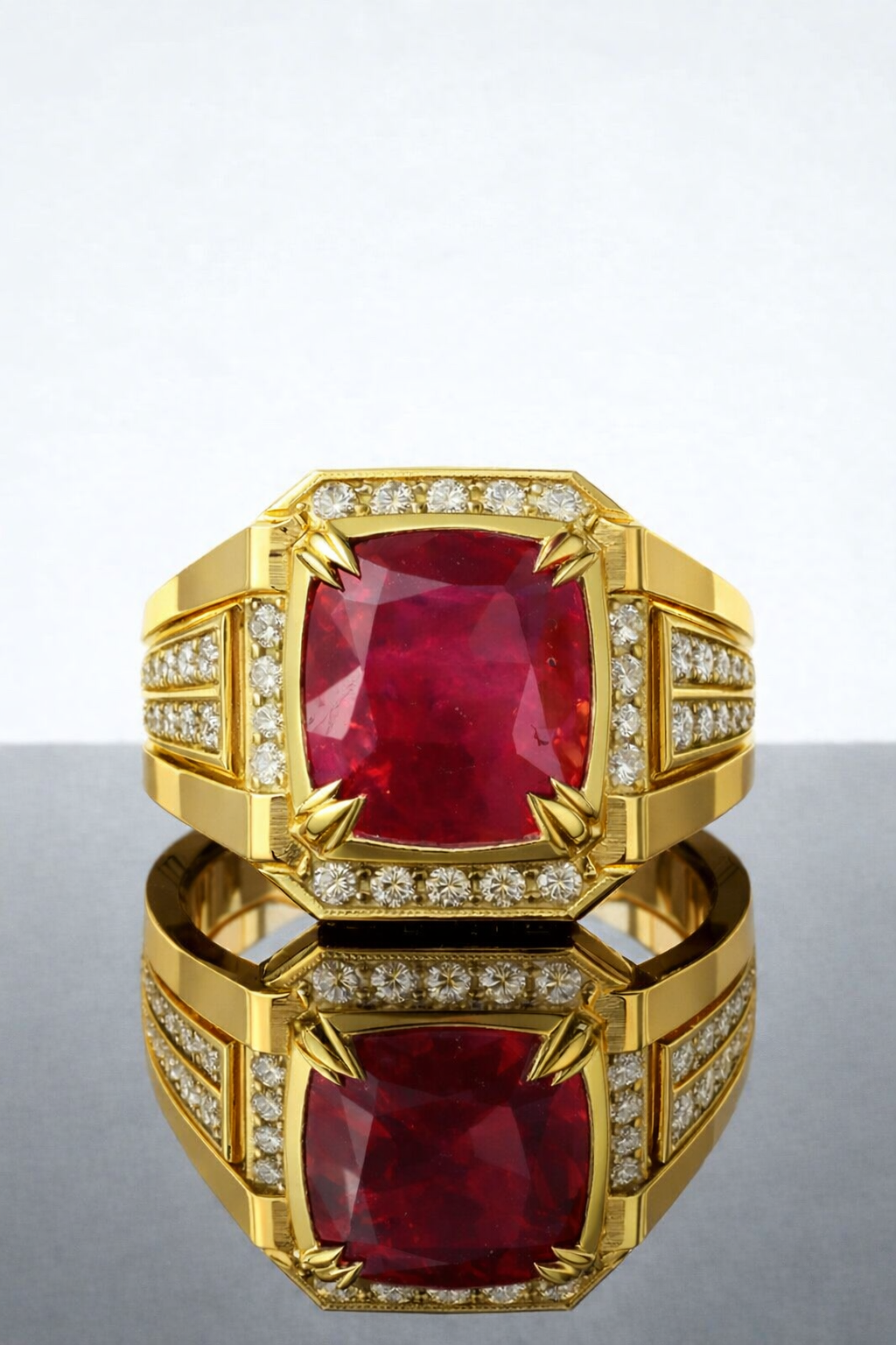 Sovereign Crown ruby ring featuring natural 5 carat red ruby surrounded by diamonds GIA 