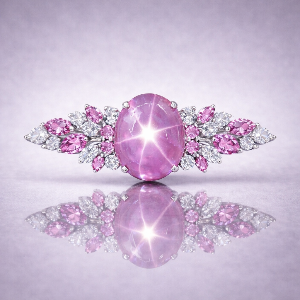 star sapphire diamond white gold brooch