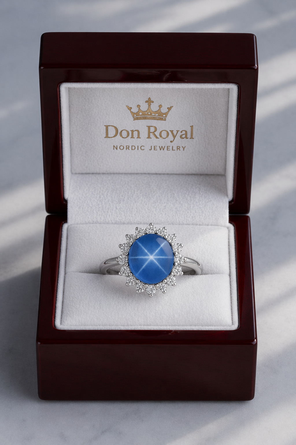 star sapphire diamond halo gold ring in box