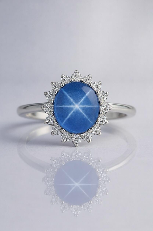 star sapphire diamond halo white gold ring