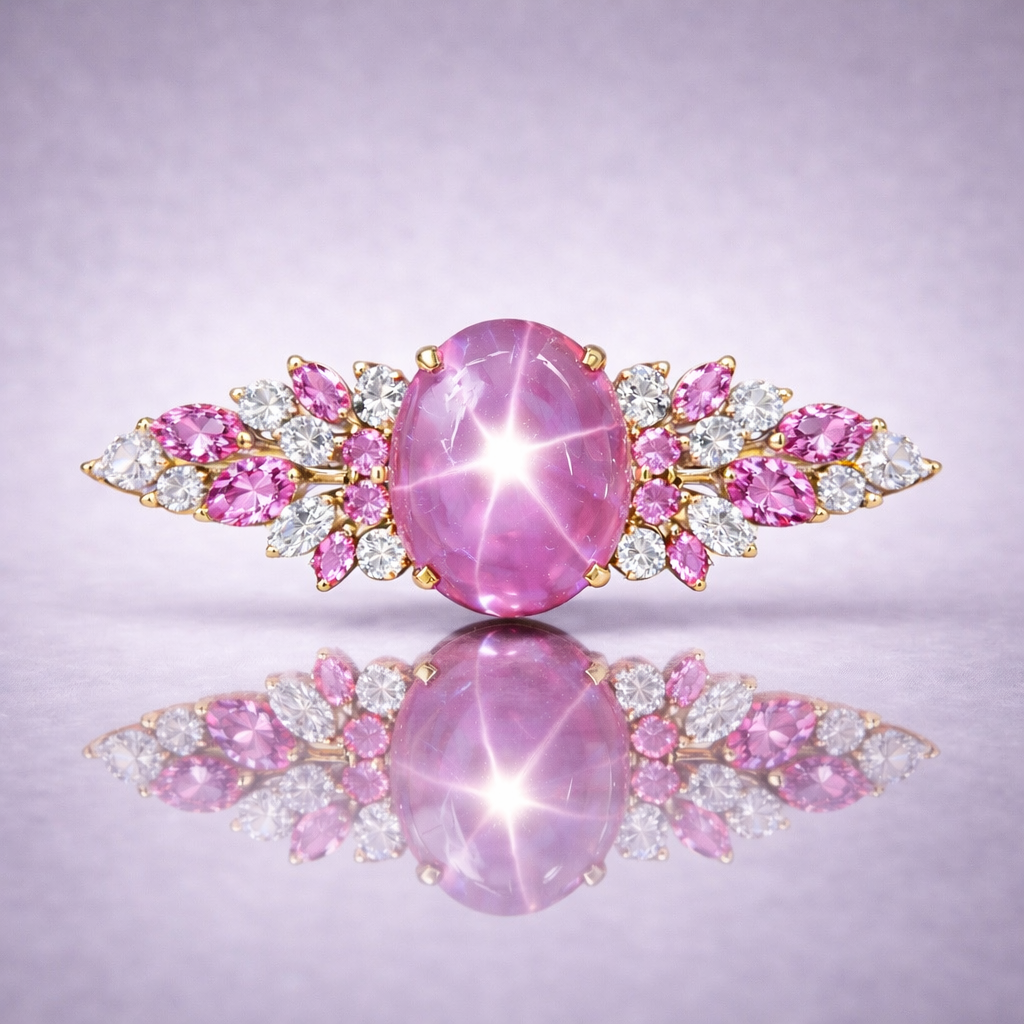 star sapphire diamond yellow gold brooch