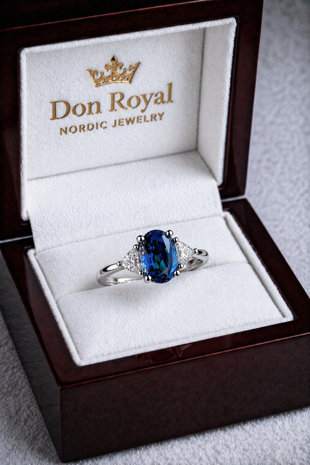 multicolored diamond trilogy gold ring in box